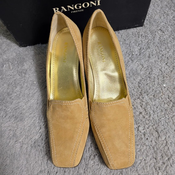 Rangoni‎ Firenze Camel Italian Suede Leather Square Toe Block Heel Pumps 7B NEW - Picture 3 of 6